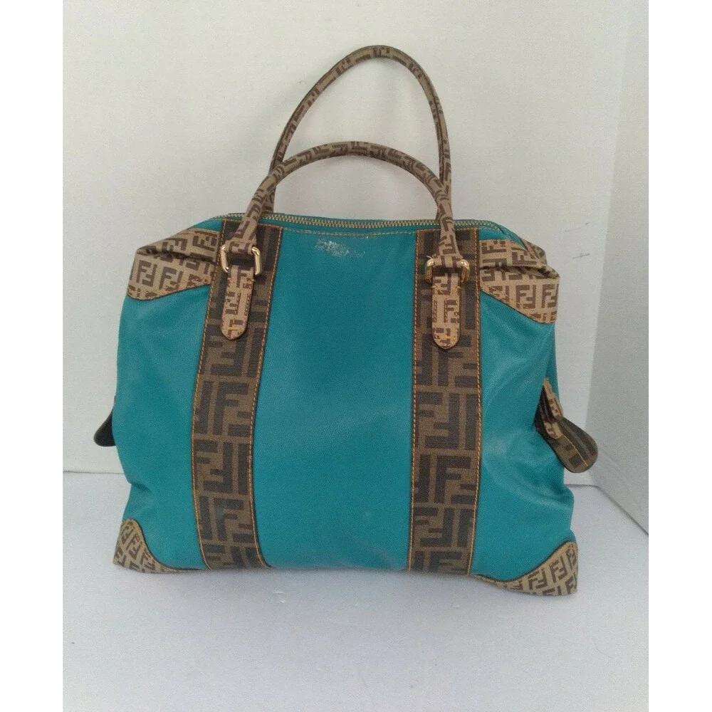 Fendi Monogram Turquoise Leather Tote Bag with FF‎ Pattern Trim Designer Handbag